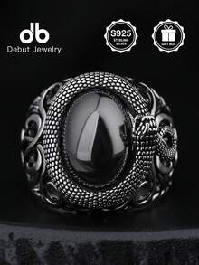 1pc S925 Silver Snake Ring With Black Agate, Vintage Gothic Style Hollow Floral Design Ring, Suitable For Daily Wear, Party, Gift For Boyfriend, Comes With Gift Box - Snake-shaped Black Agate - View 3