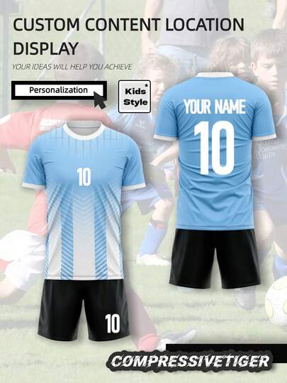 2pcs/Set Personalized Football Jersey For Toddler Boys - Customizable Name & Number Print Striped Decor Short Sleeve T-Shirt + Shorts Set, Quick-Dry Sports Outfit, Suitable As Gift