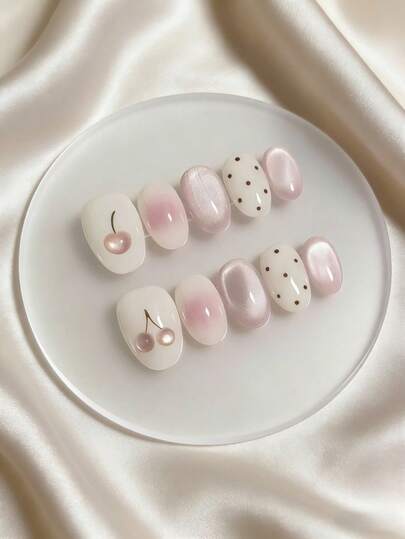 10片手工制作可佩戴的按压式美甲贴片，粉色樱桃可爱美甲图案，短款椭圆渐变粉色爱心波浪圆点简约风格，适合女孩日常佩戴