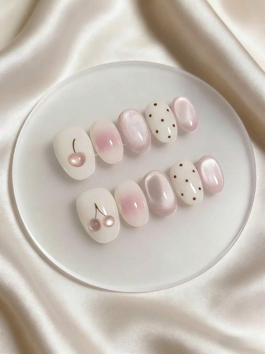 10片手工制作可佩戴的按压式美甲贴片，粉色樱桃可爱美甲图案，短款椭圆渐变粉色爱心波浪圆点简约风格，适合女孩日常佩戴 - 粉色 - 查看 1