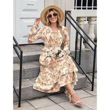 Women's Floral Midi Dress Long Sleeve V Neck Smocked Ruffle Boho Fall Dress - Màu be - Xem 6