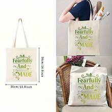 Tote Bag Simple Style Fearfully And Wonderfully Made Inspirational Quote Print For Everyday Use Shopping Travel Large Capacity Shoulder Handbag - View 3