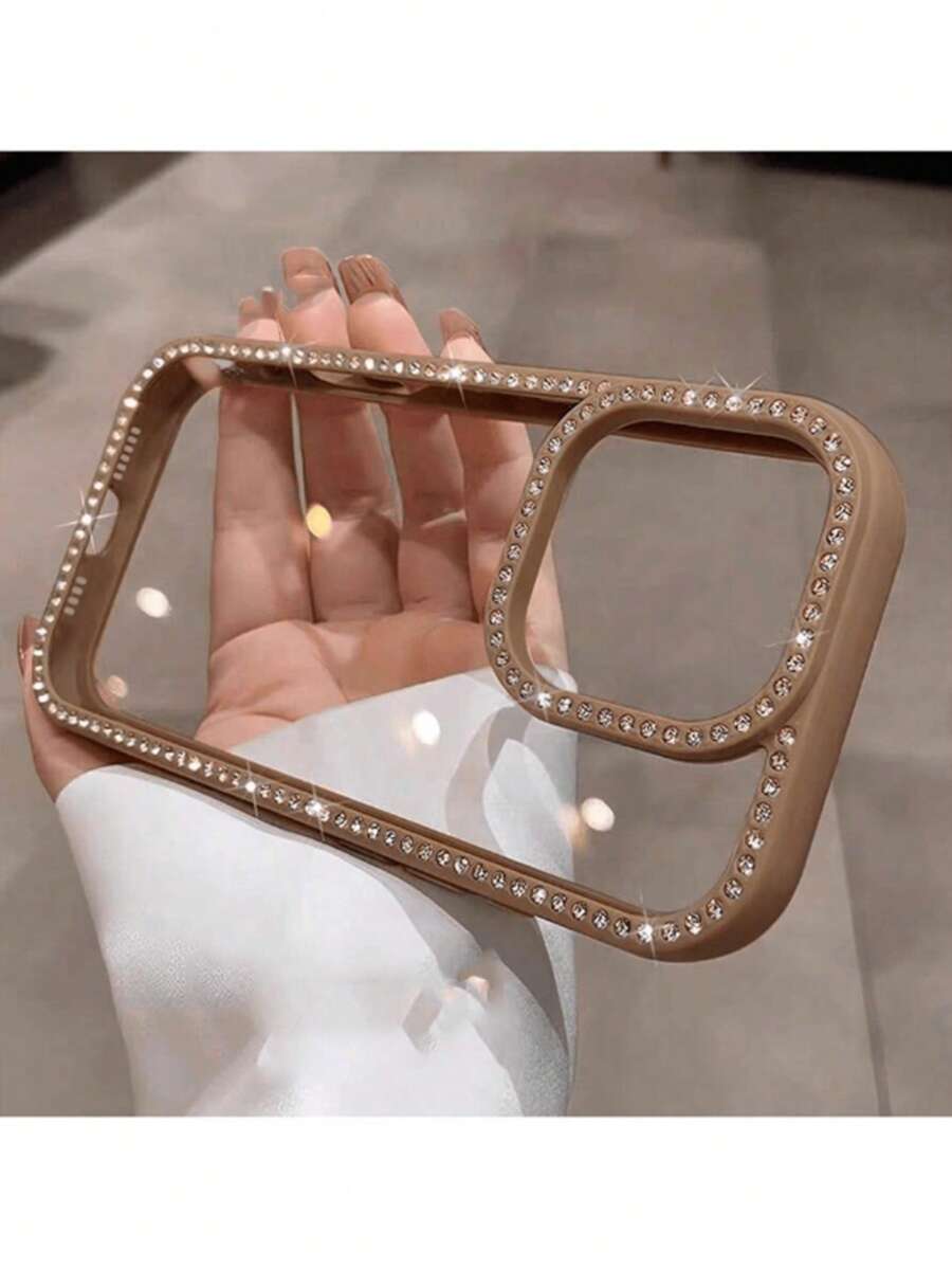 1 Coffee Brown Luxury Glitter Diamond Clear Phone Case For IPhone 17 Air 16e/15 Pro Max/14 Plus/13 Pro, Shockproof Protection, Hard Acrylic Material, With Bumper Frame - Gold - View 1
