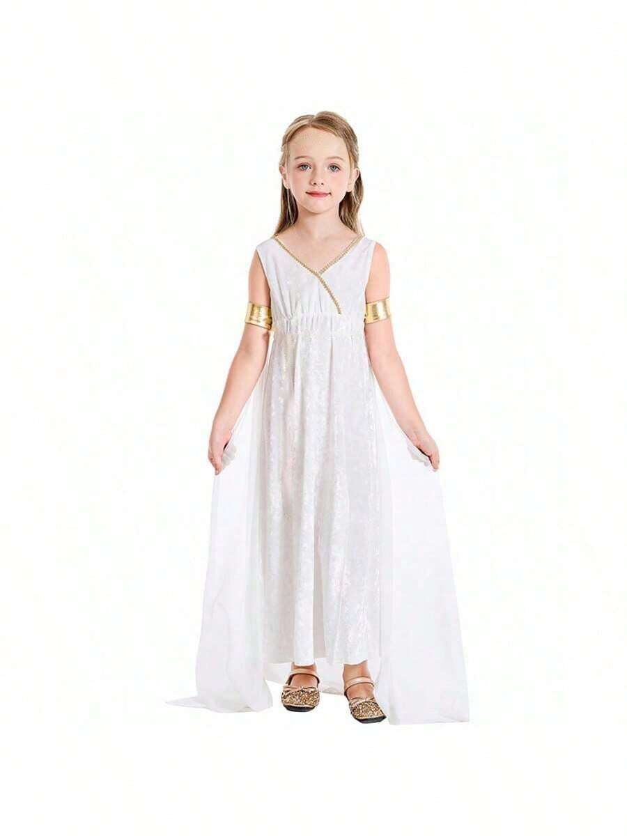 Greek Mythology Maiden White Palace Shawl Maxi Dress, Elegant Roman Mythology Themed Cosplay