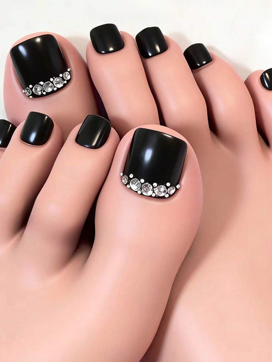 24pcs Short Square Glossy Black Nail Tips With Shiny Rhinestones, Elegant And Versatile For Dates, Parties, Spring/Summer, Autumn/Winter Daily Wear, Removable Press-On Nails Set Includes Gel Polish And File, Durable And Easy To Wear, Random Gel Color Shipped - Black - View 1