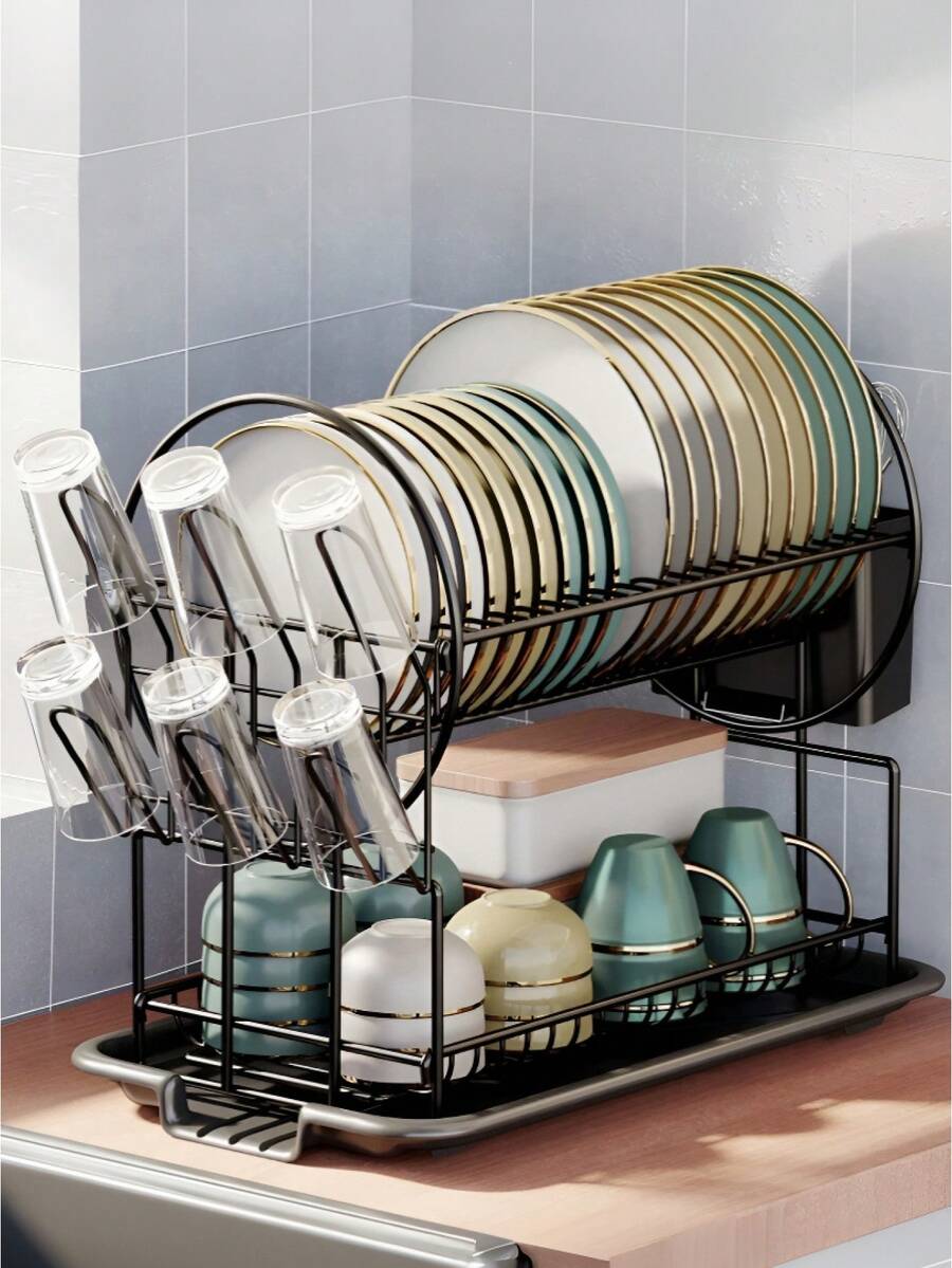 Black Double-Layer Kitchen Countertop Draining Rack With Automatic Draining Function, Made Of Stainless Steel, Equipped With A Tableware Rack And Drying Function, Space-Saving, Suitable For Kitchen Storage, Home Decoration, Birthday Gifts, Mother's Day Gifts, Etc.