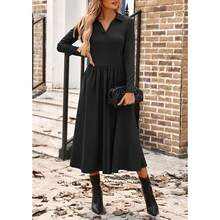 Kasin Women's Fall Long Sleeve Midi Dress 2025 Casual Polo V Neck Ribbed Knit A Line Flowy Work Dresses With Pockets - 黑色 - 查看 9
