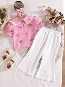 Bộ đồ mùa hè dễ thương cho bé gái: Áo tay phồng màu hồng cổ bèo nhún thắt nơ và quần ống loe cạp cao xẻ tà thắt nơ. - Hồng - Xem 2