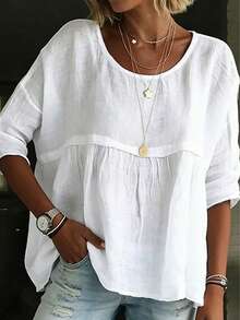 Plus Size Women Solid Color Ruffle Trim Blouse, White Casual Shirt Spring - White - View 3