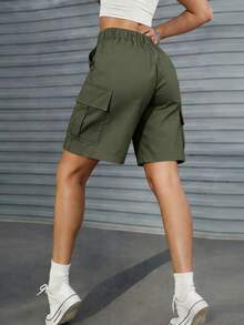 1 chiếc quần short cargo thời trang đường phố thường ngày dành cho nữ tuổi teen, thiết kế đa năng với túi lớn, thích hợp cho hoạt động ngoài trời mùa hè, đi mua sắm. - xanh quân đội - Xem 2
