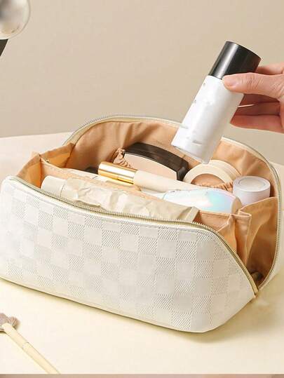 1pc PU Leather Travel Makeup Bag, Multi-Functional Cosmetic Organizer Bag With Compartments, Waterproof Toiletry Bag For Skincare, Makeup, Brushes, Compact, Lipstick, Suitable For Beach, School, Bathroom, Holidays, Valentine's Day, Christmas Gifts For Family And Friends