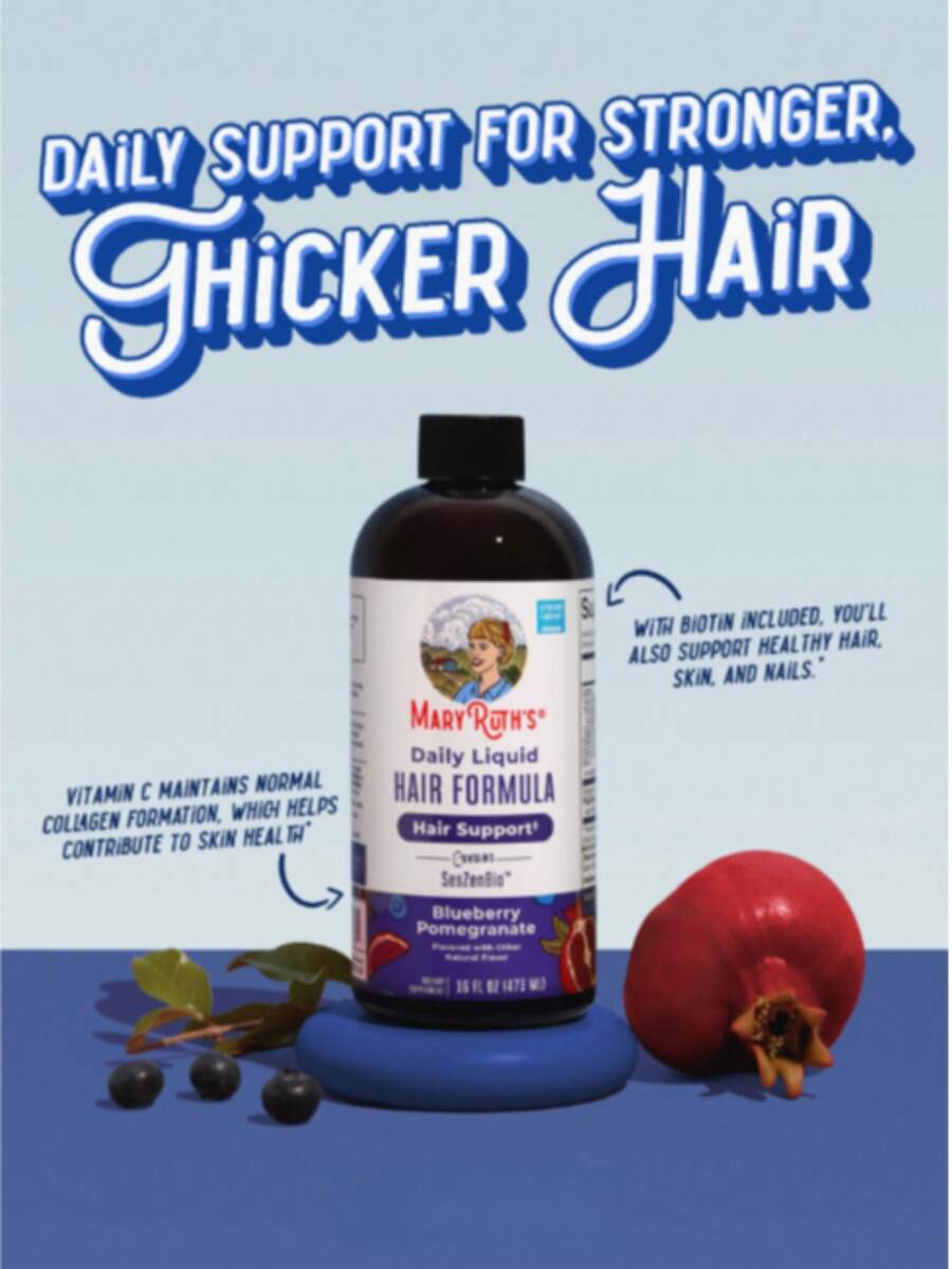 Daily Liquid Hair Formula Dietary Supplement | With 500 Mg SesZenBio™ + 2,500 Mcg Biotin & Vitamin C | Supports Healthy Hair, Skin & Nails, Collagen Synthesis & The Appearance Of Thicker, Stronger Hair For Women | Non-GMO Gluten Free Vegan | 16 Fl Oz - Blueberry Pomegranate Flavor - 查看 1