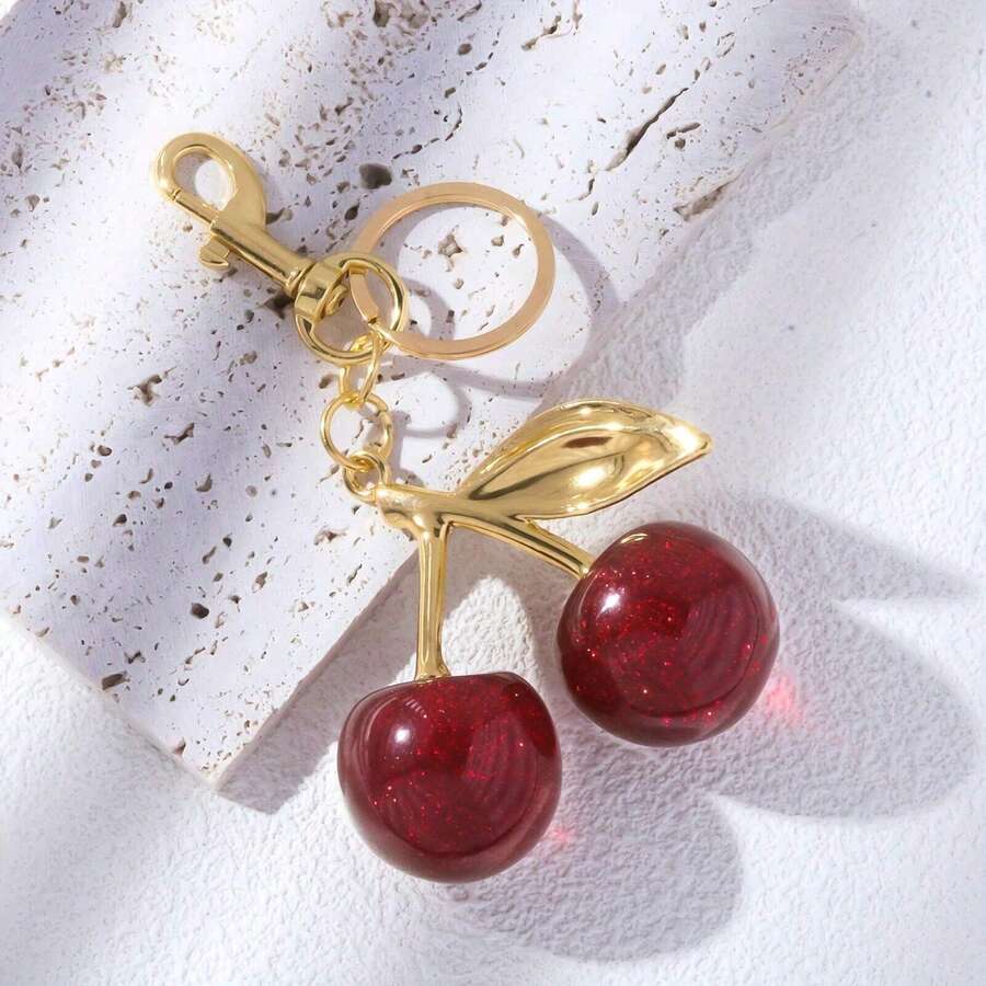1pc Chic Cherry Keychain With Sparkling Resin Pendant - Alloy, Customizable C-Hook Closure For Women's Wallets & Bags ,Ideal Gift For Family, Friends, And Couples Valentine's Day Gift Valentines - 紅色 - 查看 1