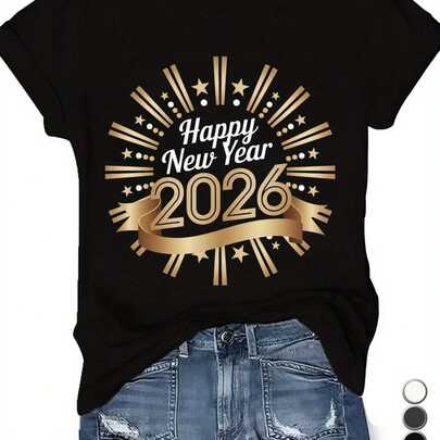 Gala Shirt for The 2026 New Year'S Eve Party for Ladies - Golden & Black Flash Numbers & Confetti Design Printed with 2026 Short Sleeve Round Neck Casual Semi-Formal Top Slack Cut for New Year'S Celebration, Folded Or Solo in Local Warehouse SoftComfort with Discount Suitable for Easter, Halloween, Thanksgiving, Christmas And More.