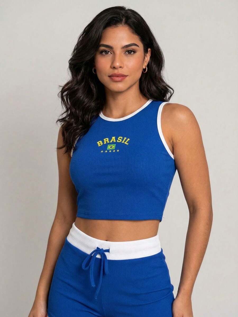 Women's Two-Piece Set Consisting Of A Sleeveless Cropped Top With A Round Neck And Drawstring Shorts, Featuring A Casual Brazilian Print. Made With Medium-Stretch Fabric For Greater Comfort In Summer. - Màu xanh lam - Xem 1