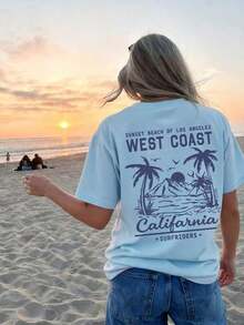 Summer Tops Mother's DayWomen's New Summer Casual Round Neck Short Sleeve T-Shirt, Simple Versatile Palm Tree Slogan Print, Suitable For Daily Wear. Graphic Tee, Women's T-Shirt Top Vacation.Loose And Comfortablesummer Clothes Easter - 淺藍色 - 查看 7