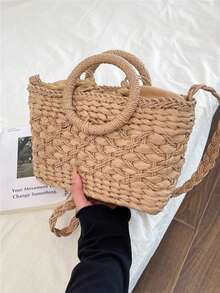 Túi tote 2 trong 1 có dây rút, làm từ rơm giấy tự nhiên, họa tiết hình thoi, thích hợp cho kỳ nghỉ, đi biển, đi làm hàng ngày, dã ngoại mùa xuân/hè. - Màu Khaki - Xem 10