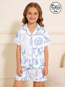 Bộ đồ ngủ trẻ em mùa hè kiểu dáng đại dương, chống cháy, gồm 2 món: áo khoác cardigan tay ngắn cổ bẻ và quần short cạp chun rộng rãi, nền trắng phối họa tiết đại dương xanh và vỏ sò, bộ đồ ngủ mặc nhà thoải mái, rộng rãi cho trẻ lớn. - trắng - Xem 11