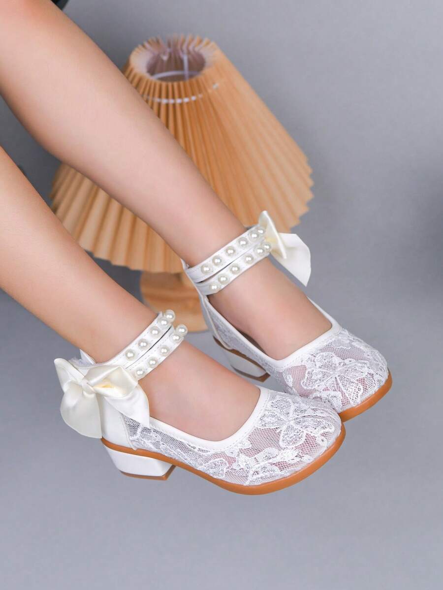 1 par de nuevos zapatos de tacón alto de malla con flores para niñas, con decoración de lazo de perlas dobles, estilo princesa, adecuados para actuaciones y atuendos de fiesta - Blanco - Ver 1