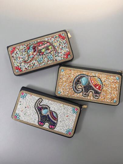 Cartera larga para mujer, con artesanía de cuentas brillantes que se puede usar como un bolso de noche, gran capacidad para guardar teléfono, dinero, llaves y otros artículos pequeños, múltiples ranuras para tarjetas para organizar diferentes tarjetas, material de PU de alta calidad con tacto suave, cartera larga con un exquisito patrón de elefante de cuentas que muestra una calidad premium