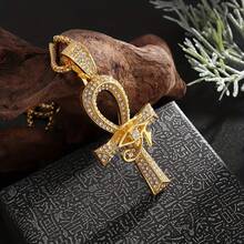 Elegant & Luxurious Golden-Tone Cubic Synthetic Zirconia Ankh Eye Of Horus Pendant Necklace - Egyptian Symbolism For Protection & Eternal Life, Sparkling Accents, Durable Chain For Daily Wear & Parties, Women's Fashion Jewelry Gift, Egyptian Jewelry, Symbolic Gift, Intricate Detailing, Stylish Accessory, Statement Piece, Gift Shoppers - 金色 - 查看 6