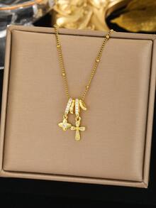 1件 Y2K 甜美酷炫风格镀金镶钻十字四叶草滑扣吊坠项链，适合女性，节日街头风日常佩戴，耶稣升天节礼物 - 金色 - 查看 7