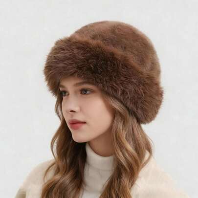 1 pieza Sombrero de cubo de piel sintética de zorro/visón mongol, sombrero de cubo esponjoso de unicolor para mujer, gorro de invierno grueso y cálido, uso versátil diario, verano, playa