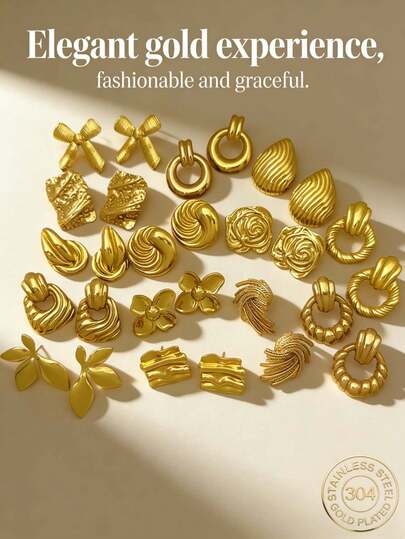 24 Pieces Of Elegant Earrings, Ladies' Stainless Steel Earrings, Low Allergenic, Nickel-Free. Their Designs Include Elements Such As Water Drops, Flowers, Bows, Hollow Patterns And Handbags. These Simple Yet Fashionable Stainless Steel Earrings Are Suitable For Ladies To Wear Daily And Are Also Excellent Gifts For Female Friends. (Random Shipment).