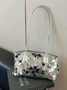 新款流苏亮片手提包，大容量多功能女士单肩托特包 - 銀色 - 查看 7