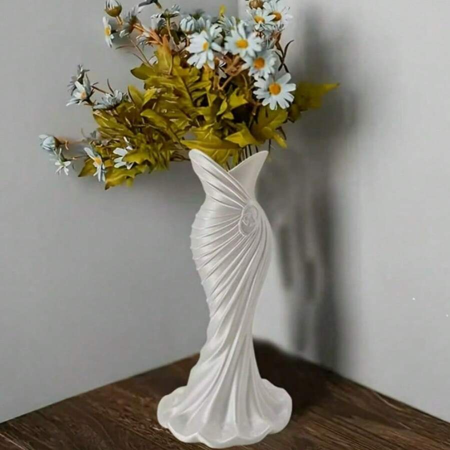 1个现代简约白色塑料花瓶,雕塑感十足的扭曲垂褶装饰,适用于干花和仿真花,可作餐桌中心摆饰的花瓶,可插入试管内衬(不包含试管内衬)。 - 多色 - 查看 1
