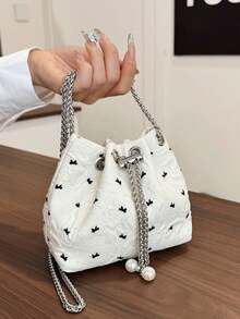 1pc White Bow Embossed Mini Bucket Bag, Pearl Chain Drawstring Crossbody Bag, Elegant & Cute Ladies Daily, Date, Party Shoulder Bag - Black - View 6