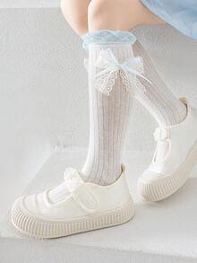 3双装女童/儿童/幼儿过膝袜，白色、蓝色，纯色，撞色设计，大蕾丝花边，蝴蝶结，直筒袜型，可爱公主风，学院风，春秋冬三季皆宜，过膝袜，适合日常穿着，蕾丝花边袜，派对公主袜，节日，返校季，百搭可爱，可搭配乐福鞋、运动鞋、平底鞋，返校季，学生，新学期，开学，教室 - 彩色 - 查看 5