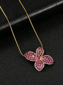 1pc Fashion Cubic Zirconia Flower Pendant Necklace, Snake Bone Clavicle Chain, Daily Wear Gift For Women - Gold - View 14