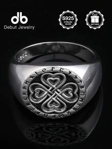 1pc S925 Sterling Silver Nordic Viking Rune Symbol Ring, Celtic Knot Four-Leaf Clover Vintage Punk Style Ring For Men, Hollow Celtic Heart Design, Suitable For Daily Wear And Parties, Gift Box Included - Four-leaf Clover Kuhn Rune - View 3