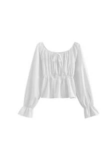 Korean Style Versatile Solid Color Chiffon Blouse, Square Collar Puff Sleeve Design, Cinched Waist Long Sleeve Elegant Top White - White - View 3