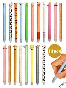 13pcs Erasable Cute Animal Shaped Neutral Pens, Includes Lion, Rabbit And Tiger Patterns, With Erasers, Smooth Writing, Suitable For Students To Practice, Take Notes And Exams - Sets - View 7