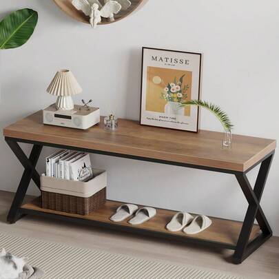 Black, Modern Entryway Bedroom, Wood Metal Storage Hallway Benches Dining Living Room, Modern Shoe Rack Indoor Accent Seating Benches Foyer Entrance, Black Oak, 120cm