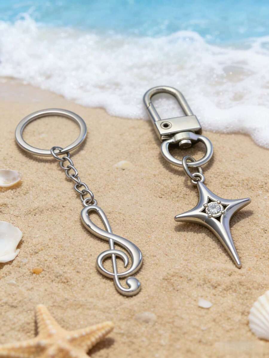 2 piezas de regalos creativos y prácticos - Llaveros de notas musicales de metal personalizados, pequeños colgantes publicitarios, anillos de llave con símbolo musical, eslabones de cadena, llaveros de estrella hueca de aleación de moda, colgantes. - Plateado - Ver 1