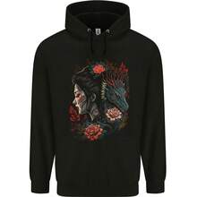 Fantasy Geisha  With Dragon & Roses Mens 80% Cotton Hoodie - 黑色 - 查看 1
