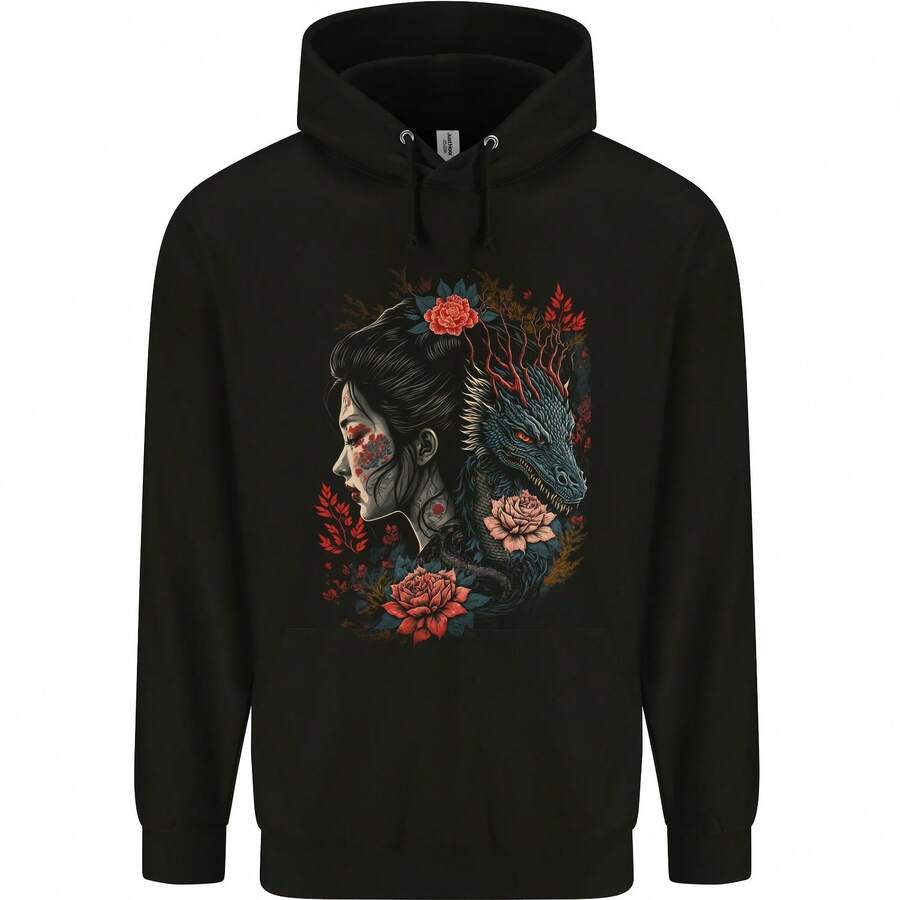Fantasy Geisha  With Dragon & Roses Mens 80% Cotton Hoodie - 黑色 - 查看 1