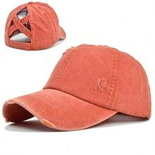 1pc Vintage Washed Criss Cross Ponytail Cap For Women | Distressed Denim Baseball Hat With High Bun Hole - A - 查看 2