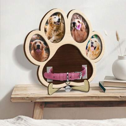 Marco de fotos de madera para conmemorar a las mascotas - Decoración conmemorativa de gato/perro, almacenamiento de fotos + collar 2 en 1 con soporte, regalo emotivo para quienes están de luto por la pérdida de una mascota