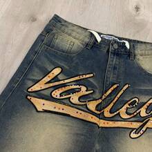 Vale Valley Forever  JORTS Rhinestone Big Letter Graphic Denim Shorts, Vintage Y2K Hip Hop Baggy Fit Streetwear Tee For Men Women, Washed Distressed Frayed Hem Casual Denim Bottoms For Summer Festival Daily Wear - 藍色 - 查看 3