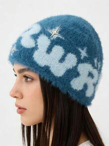 1件装 女士新款可爱街头字母刺绣毛绒猫耳保暖耳罩针织帽 - 仿貂絨RRW - 查看 3