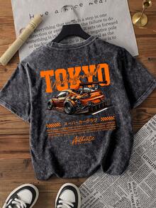 夏季女式T恤，赛车印花T恤，圆领短袖针织衫，女士图案T恤，女士街头风夏季穿搭。休闲 - 黑色 - 查看 1