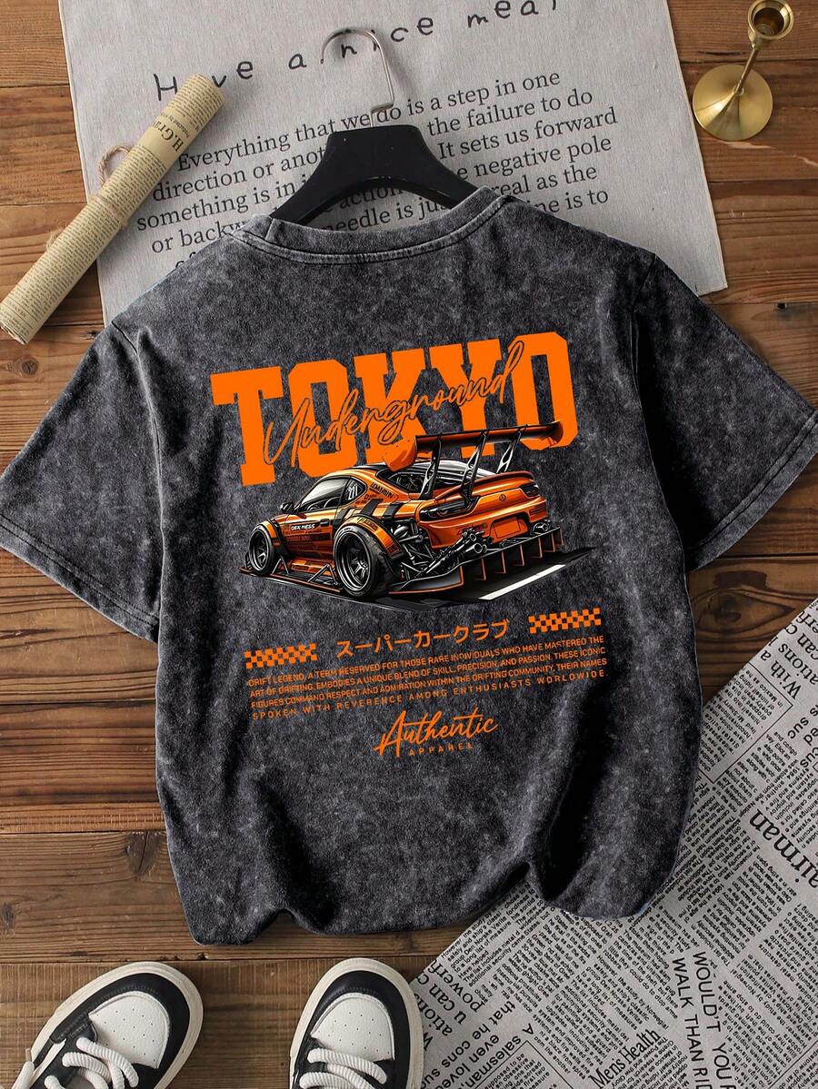 夏季女式T恤，赛车印花T恤，圆领短袖针织衫，女士图案T恤，女士街头风夏季穿搭。休闲 - 黑色 - 查看 1