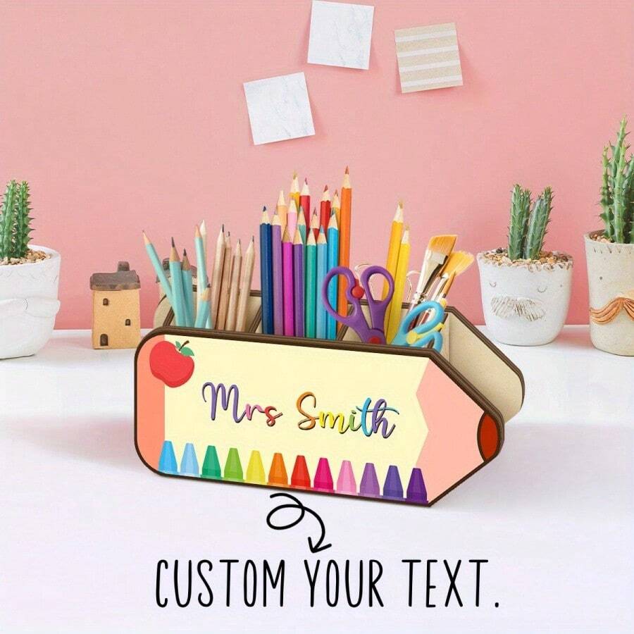 Customized Wooden Pencil-Shaped Pen Holder | Teacher's Gift Desk Organizer - A - View 1