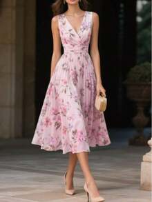 Women's Floral Print Elegant Vintage Zip-Up Pleated Sleeveless Casual Dress, Suitable Spring, Summer, Autumn Vacation - 淺粉色 - 查看 10