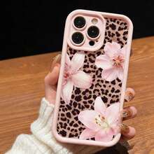 粉色甜美百合花性感豹纹磨砂防摔手机壳，适用于 11 12 13 14 15 16 13 Pro Max 16 Plus XR 7 8 P 17 Pro Max AIR - 粉色 - 查看 2