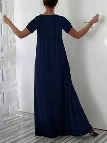 Gaun Ukuran Besar Gaya Eropa dan Amerika Terbaru untuk Musim Panas, Kasual Longgar Sehari-hari, Lengan Pendek Polos, Leher V, Pas Badan, Elegan - Navy Blue - View 2
